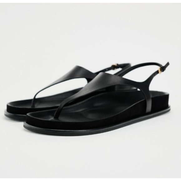 ZARA Women Black Minimalist Slingback Thong Sandals Size 36 Slip-On Flat Summer - Picture 1 of 11